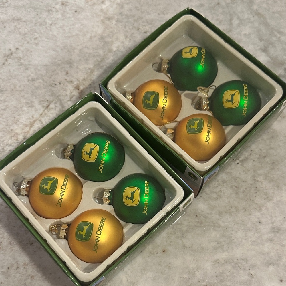 John Deere Green and Gold Glass Ornaments (2 boxes, 8 total)